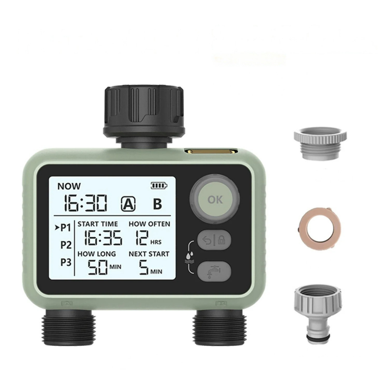 Двуканален програматор за напояване с интелигентен сензор за дъжд – дигитален таймер за градина и тревна площ